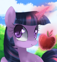 Size: 600x650 | Tagged: dead source, safe, artist:loyaldis, character:twilight sparkle, apple, female, food, heart eyes, magic, solo, wingding eyes