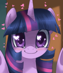 Size: 565x656 | Tagged: dead source, safe, artist:loyaldis, character:twilight sparkle, species:pony, species:unicorn, blushing, bust, cute, female, heart, heart eyes, looking at you, portrait, smiling, solo, twiabetes, wingding eyes