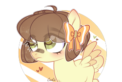 Size: 2067x1399 | Tagged: safe, artist:lazuli, oc, oc only, species:pegasus, species:pony, g4, bandaid, bow, commission, eye clipping through hair, hair bow, heart, looking up, pegasus oc, simple background, solo, transparent background, wings, ych result