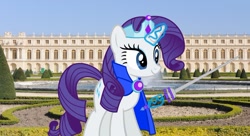 Size: 1280x697 | Tagged: safe, artist:disneymarvel96, artist:luckreza8, artist:razethebeast, character:rarity, species:pony, species:unicorn, g4, brooch, cape, clothing, crown, female, france, irl, jewelry, palaceofversailles, paris, photo, ponies in real life, regalia, solo, sword, versailles, weapon