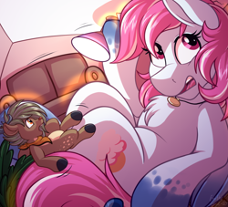 Size: 4000x3625 | Tagged: safe, artist:sugaryviolet, oc, oc only, oc:evening skies, oc:habile, species:deer, species:pegasus, species:pony, g4, absurd resolution, commission, couch, duo, giant pegasus, giant pony, growth, indoors, macro, pale belly, surprise growth, surprised