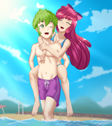 Size: 1716x1920 | Tagged: safe, artist:thebrokencog, character:apple bloom, character:spike, species:human, ship:spikebloom, g4, anime, apple bloom's bow, barefoot, beach, belly button, bikini, bow, breasts, cleavage, clothing, commission, duo, eyes closed, feet, female, hair bow, humanized, male, one eye closed, piggyback ride, shipping, shorts, straight, swimsuit, water, wink