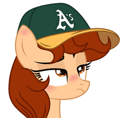 Size: 1665x1581 | Tagged: safe, artist:lazuli, artist:rioshi, artist:starshade, oc, oc only, oc:vanilla creame, species:pegasus, species:pony, g4, alcohol, baseball cap, beer, cap, clothing, hat, oakland athletics, shadow, simple background, solo, white background
