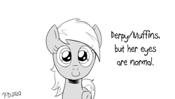 Size: 1200x675 | Tagged: safe, artist:pony-berserker, character:derpy hooves, species:pegasus, species:pony, g4, alternate universe, black and white, caption, cursed image, evil twin, female, grayscale, heresy, looking at you, mare, monochrome, moral event horizon, pony-berserker's twitter sketches, pure unfiltered evil, simple background, smiling, solo, something is not right, stippling, underp, white background