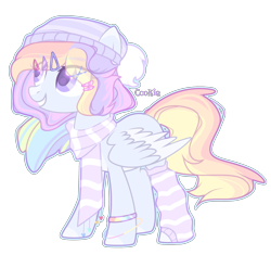 Size: 2922x2748 | Tagged: safe, artist:lazuli, oc, oc only, species:pegasus, species:pony, g4, bracelet, clothing, commission, grin, hat, jewelry, pegasus oc, scarf, simple background, smiling, socks, solo, striped socks, transparent background, wings, ych result