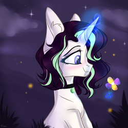 Size: 3500x3500 | Tagged: safe, artist:lazuli, oc, oc only, species:pony, g4, blushing, bust, choker, commission, ear fluff, firefly, glowing horn, horn, insect, night, smiling, solo, stars, ych result