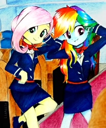 Size: 2186x2646 | Tagged: safe, artist:liaaqila, character:fluttershy, character:rainbow dash, g4, my little pony:equestria girls, commission, duo, female, flight attendant, stewardess