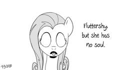 Size: 1200x675 | Tagged: safe, artist:pony-berserker, character:fluttershy, species:pegasus, species:pony, g4, 2020, blank expression, blank eyes, caption, drool, english, female, grayscale, looking at you, monochrome, open mouth, simple background, solo, soulless, text, white background, wide eyes