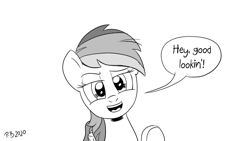 Size: 1200x675 | Tagged: safe, artist:pony-berserker, part of a set, character:rainbow dash, g4, dialogue, female, looking at you, monochrome, pony-berserker's twitter sketches, solo, speech bubble, stippling, talking to viewer