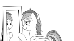 Size: 1200x675 | Tagged: safe, artist:pony-berserker, part of a set, character:rainbow dash, g4, bait and switch, mirror, monochrome, narcissism, pony-berserker's twitter sketches, reflection, smiling, stippling, underhoof