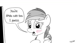 Size: 1200x675 | Tagged: safe, artist:pony-berserker, part of a set, character:rainbow dash, g4, blushing, dialogue, index get, monochrome, neo noir, palindrome get, partial color, pony-berserker's twitter sketches, speech bubble, stippling, talking to viewer