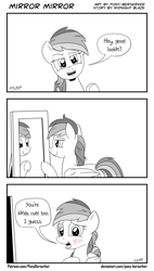 Size: 1320x2328 | Tagged: safe, artist:pony-berserker, character:rainbow dash, species:pegasus, species:pony, g4, blushing, comic, dialogue, looking at you, mirror, monochrome, narcissism, neo noir, partial color, reflection, speech bubble, stippling, talking to viewer, underhoof