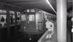 Size: 1988x1150 | Tagged: safe, artist:topsangtheman, species:pony, species:unicorn, g4, 3d, cornetta, irl, looking at you, monochrome, new york city, new york city subway, photo, ponies in real life, solo, source filmmaker