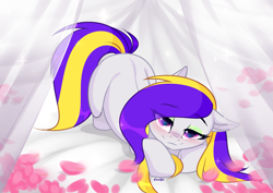 Size: 3465x2454 | Tagged: safe, artist:lazuli, artist:sparkling_light, oc, oc only, species:earth pony, species:pony, g4, bedroom eyes, blushing, commission, earth pony oc, face down ass up, petals, smiling, solo, ych result