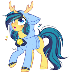 Size: 2000x2086 | Tagged: safe, artist:lazuli, oc, oc only, species:pony, species:unicorn, g4, :o, antlers, blushing, clothing, commission, costume, heart, hoodie, horn, kigurumi, looking up, open mouth, raised hoof, simple background, solo, surprised, transparent background, unicorn oc, ych result