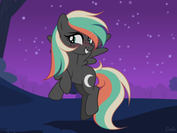 Size: 2824x2123 | Tagged: safe, artist:lazuli, oc, oc only, oc:eliza skyler, species:pegasus, species:pony, g4, blushing, female, flying, freckles, mare, night, outdoors, pegasus oc, smiling, solo, stars, tree, wings