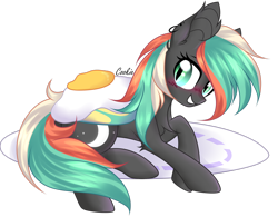 Size: 2776x2160 | Tagged: safe, artist:lazuli, base used, oc, oc only, oc:eliza skyler, species:bat pony, species:pony, g4, bat ponified, bat pony oc, bat wings, blushing, commission, ear piercing, earring, egg, female, grin, jewelry, lying down, mare, micro, piercing, plate, race swap, simple background, smiling, solo, transparent background, wings, ych result