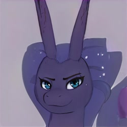 Size: 1024x1024 | Tagged: safe, ai model:thisponydoesnotexist, oc, oc only, species:pony, species:unicorn, g4, bicorn, female, horn, looking at you, mare, multiple horns, neural network, purple background, simple background, smiling, solo