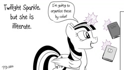 Size: 1200x675 | Tagged: safe, artist:pony-berserker, character:twilight sparkle, character:twilight sparkle (alicorn), species:alicorn, species:pony, g4, black and white, book, bookshelf, cursed image, dialogue, female, grayscale, i never learned to read, illiteracy, illiterate, impossible, levitation, magic, mare, monochrome, neo noir, partial color, pony-berserker's twitter sketches, speech bubble, stippling, telekinesis