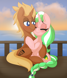 Size: 1761x2047 | Tagged: safe, artist:pearlyiridescence, oc, oc only, oc:honeydew, oc:scuffle, species:pony, species:unicorn, fanfic:magic of the heart, g4, blushing, braided tail, cuddling, cute, deck, duo, eyes closed, female, freckles, hug, male, mare, ocean, ship, shipping, smiling, stallion, straight, sunrise