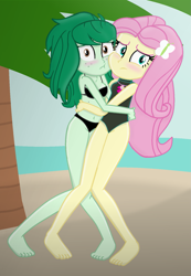Size: 1091x1579 | Tagged: safe, artist:grapefruitface1, character:fluttershy, character:wallflower blush, ship:flutterblush, g4, my little pony:equestria girls, awkward, barefoot, belly button, bikini, blushing, breasts, clothing, feet, female, hug, lesbian, looking at you, shipping, swimsuit
