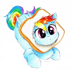 Size: 2322x2322 | Tagged: safe, artist:liaaqila, character:rainbow dash, species:pegasus, species:pony, g4, :<, behaving like a cat, bread, cat breading, chest fluff, cute, dashabetes, female, food, liaaqila is trying to murder us, liaaqila is trying to murder us with dashabetes, silly, silly pony, simple background, solo, weapons-grade cute, white background