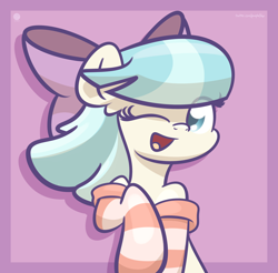 Size: 2600x2560 | Tagged: safe, artist:kimjoman, character:coco pommel, species:earth pony, species:pony, g4, bow, clothing, cocobetes, cute, female, hair bow, high res, mare, one eye closed, open mouth, smiling, socks, solo, striped socks, wink