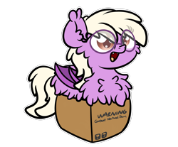 Size: 3250x2688 | Tagged: safe, artist:kimjoman, part of a set, oc, oc only, oc:pinkfull night, species:bat pony, species:pony, g4, bat pony oc, bat wings, box, fangs, female, fluffy, glasses, pony in a box, simple background, slit eyes, solo, teenager, transparent background, wings