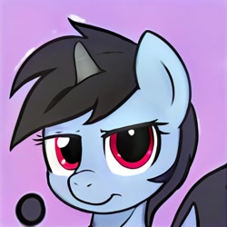 Size: 1024x1024 | Tagged: safe, ai model:thisponydoesnotexist, species:pony, species:unicorn, g4, black mane, female, frown, mare, neural network, red eyes, smiling, solo, unamused