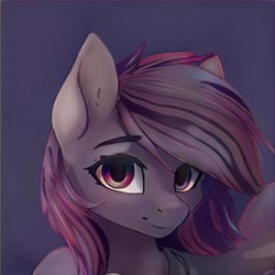 Size: 1024x1024 | Tagged: safe, ai model:thisponydoesnotexist, oc, oc:sable skies, species:earth pony, species:pony, g4, cloak, clothing, eyebrows, eyebrows visible through hair, female, gray coat, looking at you, mare, mysterious, neural network, scar, smiling