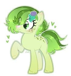 Size: 2366x2535 | Tagged: safe, artist:lazuli, oc, oc only, species:earth pony, species:pony, g4, earth pony oc, eye clipping through hair, eyelashes, flower, flower in hair, freckles, heart, raised hoof, simple background, solo, transparent background