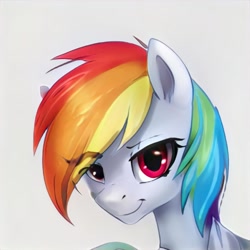 Size: 1024x1024 | Tagged: safe, ai model:thisponydoesnotexist, g4, eyebrows, eyebrows visible through hair, multicolored hair, neural network, not rainbow dash, rainbow hair, red eyes, simple background, smiling, smiling at you, white coat