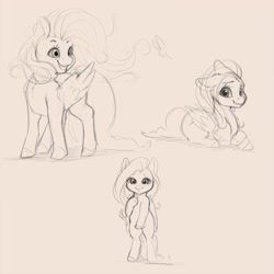 Size: 4000x4000 | Tagged: safe, artist:miokomata, character:fluttershy, species:pegasus, species:pony, g4, butterfly, crossed hooves, excited, female, freckles, freckleshy, looking at you, lying down, mare, monochrome, prone, semi-anthro, simple background, sketch, sketch dump, solo, windswept mane