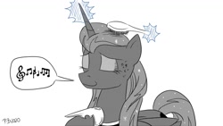 Size: 1200x675 | Tagged: safe, artist:pony-berserker, character:princess luna, species:alicorn, species:pony, g4, brush, eyes closed, female, hoof shoes, hooves to the chest, humming, magic, mare, monochrome, music notes, neo noir, partial color, pictogram, simple background, solo, stippling, telekinesis, white background