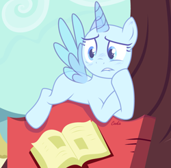 Size: 2455x2410 | Tagged: safe, artist:lazuli, oc, oc only, species:alicorn, species:pony, g4, alicorn oc, bald, base, book, eyelashes, golden oaks library, horn, lying down, prone, solo, wings, worried