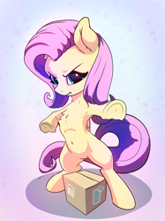 Size: 3239x4331 | Tagged: safe, artist:xbi, character:fluttershy, species:pegasus, species:pony, episode:unboxing day, g4.5, my little pony: pony life, my little pony:pony life, spoiler:pony life s01e30, angry, bipedal, box, female, fluttershy's unboxing vlog, frog (hoof), looking at you, mare, solo, underhoof
