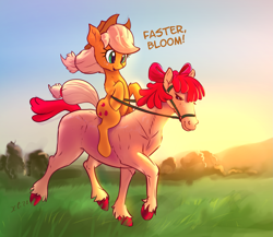 Size: 2025x1759 | Tagged: safe, artist:xbi, character:apple bloom, character:applejack, species:earth pony, species:pony, g4, apple bloom's bow, bow, bridle, cute, female, furry confusion, hair bow, hoers, horse, horse riding a horse, horse-pony interaction, jackabetes, mare, ponies riding horses, ponies riding ponies, riding, species swap, tack, wat