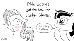 Size: 1200x675 | Tagged: safe, artist:pony-berserker, character:trixie, character:twilight sparkle, character:twilight sparkle (alicorn), species:alicorn, species:pony, g4, blushing, breaking the fourth wall, dialogue, grin, implied lesbian, implied shipping, implied startrix, monochrome, neo noir, nervous, nervous grin, partial color, pony-berserker's twitter sketches, shrunken pupils, smiling, speech bubble, stippling, sweat, sweatdrop