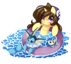 Size: 1000x900 | Tagged: safe, artist:loyaldis, oc, oc:astral flare, g4, beanie, clothing, crossover, cute, dawwww, hat, inflatable toy, piplup, pokémon, pokémon trainer, pool toy, simple background, smiling, transparent background, vaporeon, water