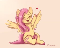 Size: 2855x2307 | Tagged: safe, artist:miokomata, character:fluttershy, species:pegasus, species:pony, g4, blushing, chest fluff, colored hooves, cute, eyes closed, female, floating heart, freckles, freckleshy, heart, mare, open mouth, pink background, shyabetes, simple background, sitting, smiling, solo, underhoof