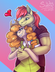 Size: 922x1200 | Tagged: source needed, useless source url, safe, artist:sunny way, patreon reward, character:bright mac, character:pear butter, species:anthro, species:pony, ship:brightbutter, g4, cute, female, hug, love, male, mare, patreon, shipping, smiling, stallion, straight, true love