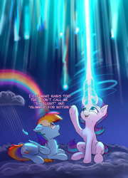 Size: 2856x3962 | Tagged: safe, artist:xbi, character:rainbow dash, character:starlight glimmer, species:pegasus, species:pony, species:unicorn, g4, backwards cutie mark, cloud, dialogue, duo, feather, high res, looking up, magic, magic overload, night, on a cloud, rain, rainbow, shocked, shocked expression, shooting star, sitting, sitting on a cloud, sky, stars