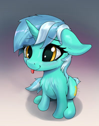 Size: 2445x3096 | Tagged: safe, artist:xbi, character:lyra heartstrings, species:pony, species:unicorn, g4, blep, blushing, chest fluff, cute, female, floppy ears, gradient background, lyrabetes, sitting, solo, tongue out