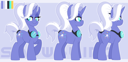 Size: 3832x1853 | Tagged: safe, artist:pearlyiridescence, oc, oc only, oc:snowblind, species:pony, species:unicorn, g4, bags under eyes, beauty mark, female, goggles, mare, messy mane, ponytail, reference sheet, smiling, solo, tired, turnaround