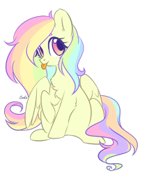 Size: 2538x3012 | Tagged: safe, artist:lazuli, oc, oc only, species:pegasus, species:pony, g4, blep, chest fluff, commission, eyelashes, multicolored hair, pegasus oc, rainbow hair, raised hoof, simple background, solo, tongue out, transparent background, wings, ych result