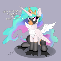 Size: 2322x2323 | Tagged: safe, alternate version, artist:xbi, character:princess celestia, species:alicorn, species:bird, species:pony, g4, 30 minute art challenge finished after, animal costume, celestia is not amused, clothing, costume, dialogue, fake wings, female, flippers, gray background, high res, simple background, sitting, socks, solo, suit, swan, swanlestia, unamused