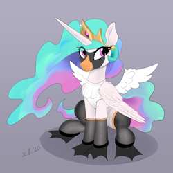 Size: 2322x2323 | Tagged: safe, artist:xbi, character:princess celestia, species:alicorn, species:bird, species:pony, g4, 30 minute art challenge finished after, animal costume, celestia is not amused, clothing, costume, fake wings, female, flippers, gradient background, high res, simple background, sitting, socks, solo, suit, swan, swanlestia, textless version, unamused