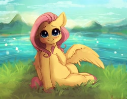 Size: 3661x2849 | Tagged: safe, artist:miokomata, character:fluttershy, species:pegasus, species:pony, g4, blushing, chest fluff, cute, ear down, ear fluff, female, freckles, freckleshy, high res, leg fluff, looking at you, mare, river, shyabetes, sitting, solo, unshorn fetlocks