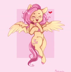 Size: 2859x2897 | Tagged: safe, artist:miokomata, character:fluttershy, species:pegasus, species:pony, g4, colored hooves, cute, ear fluff, eyes closed, female, floating heart, flying, freckles, freckleshy, heart, high res, leg fluff, mare, open mouth, pink background, shyabetes, simple background, solo, spread wings, wings