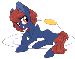 Size: 3186x2479 | Tagged: safe, artist:lazuli, oc, oc only, species:earth pony, species:pony, g4, blushing, commission, earth pony oc, egg, grin, lying down, micro, plate, simple background, smiling, solo, transparent background, ych result